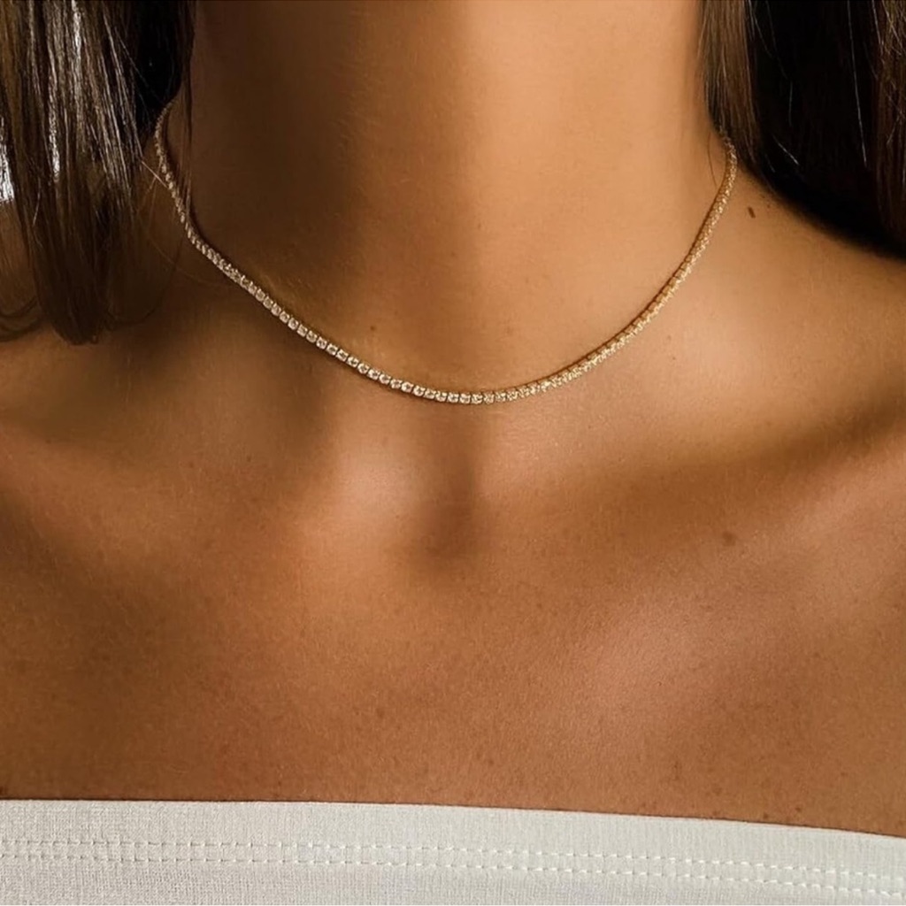 Dainty 18k Gold Plated Tennis Crystal Gold Necklace New 39$